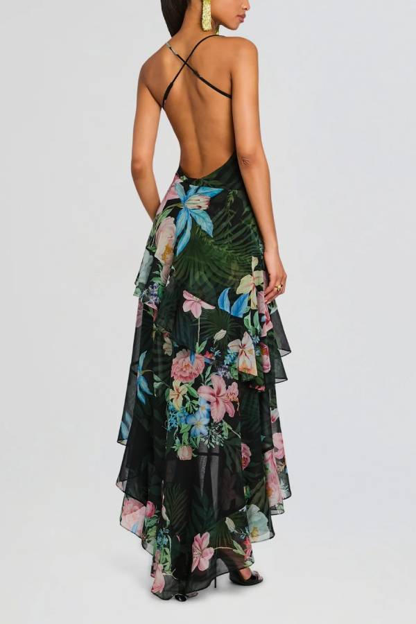 Vestido largo de flores con tirantes finos, espalda descubierta y volante asimétrico