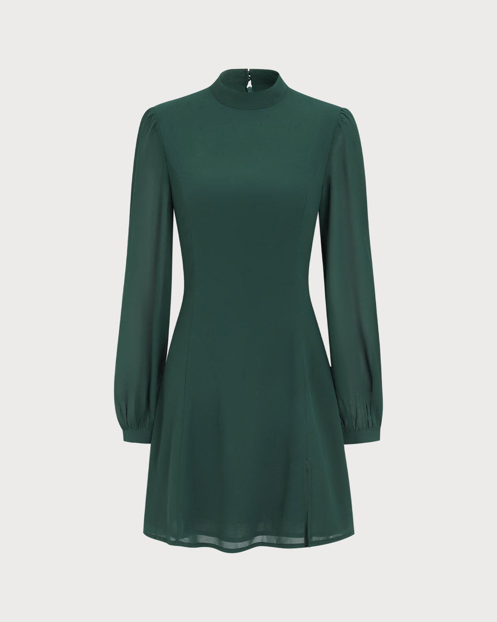 Vestido corto verde de transparencias con cuello alto y abertura