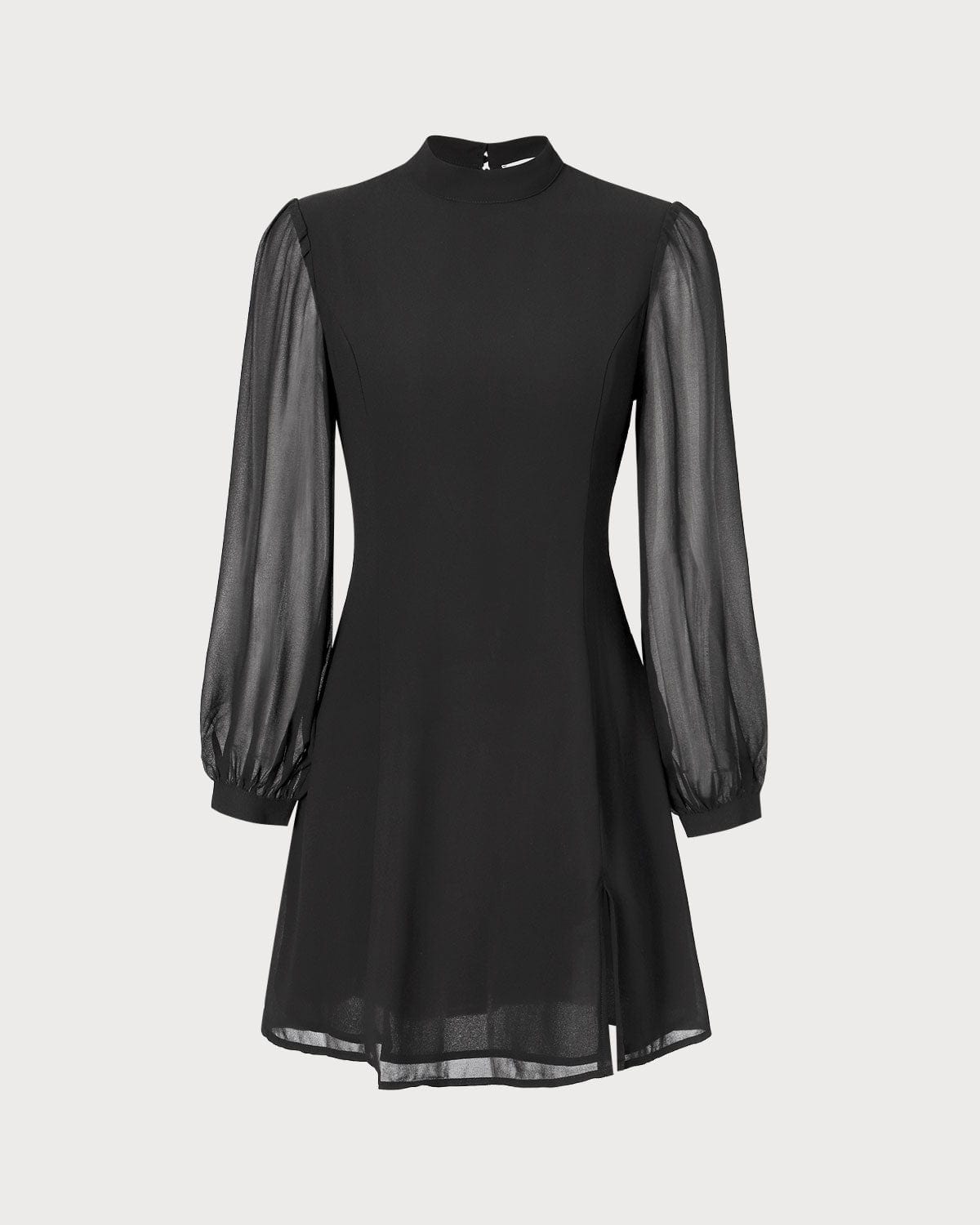 Vestido corto negro de transparencias con cuello alto y abertura