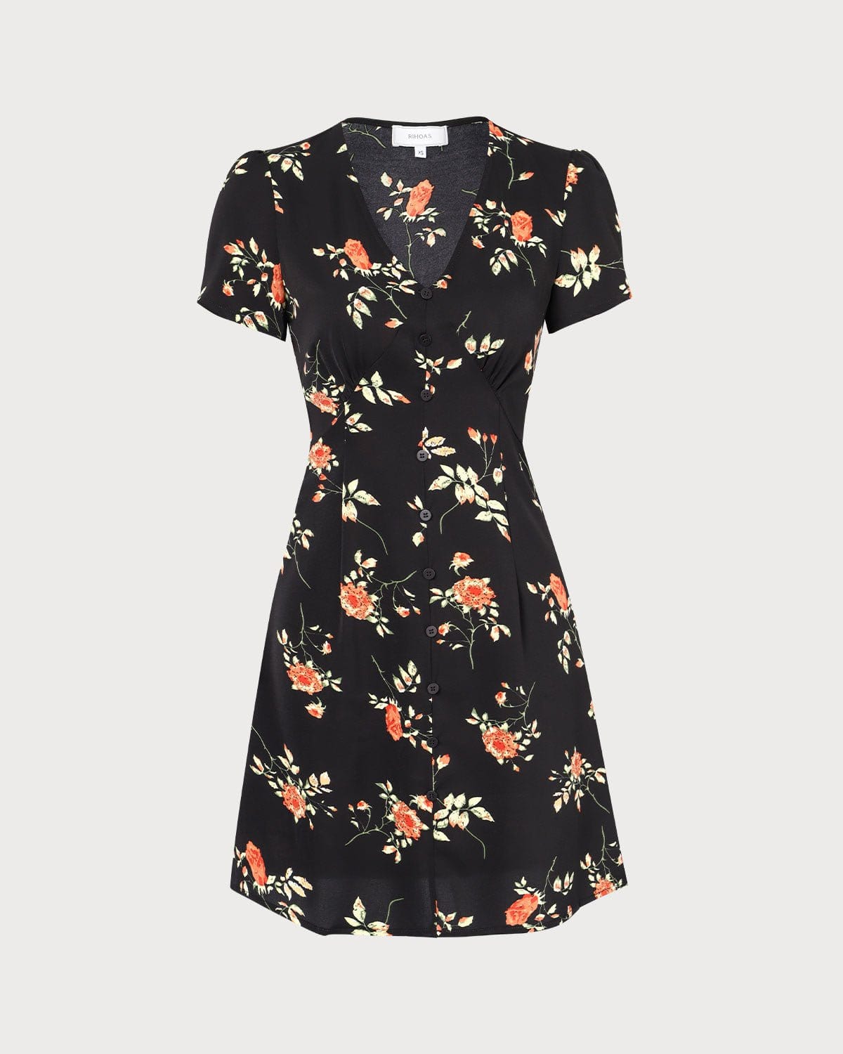 Vestido corto negro de flores con escote en V y botones