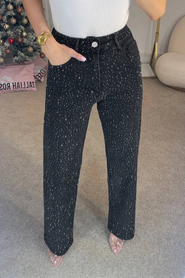 Vaqueros de pierna ancha y talle alto cubiertos de strass