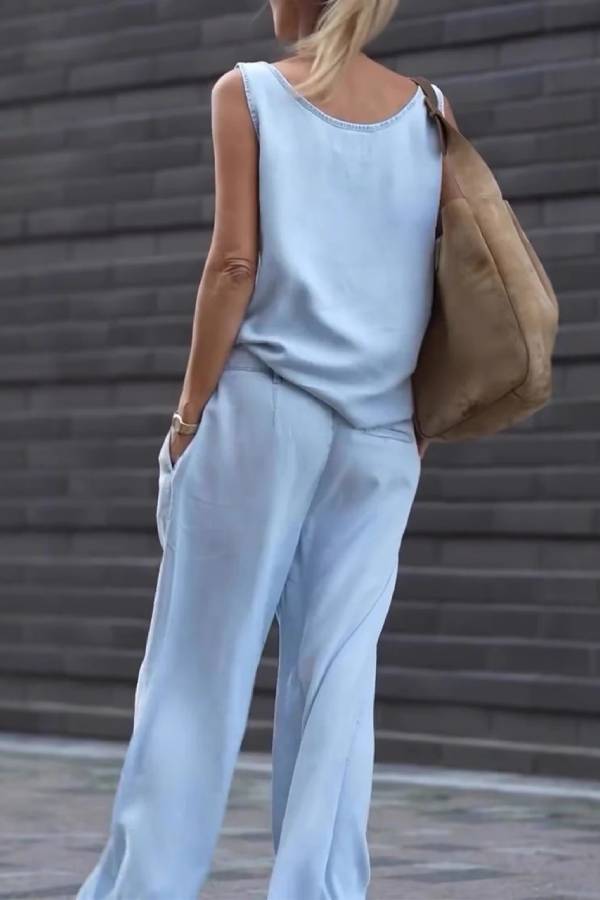 Conjunto de top sin mangas y pantalón ancho en tencel vaquero