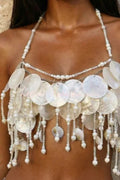 Top joya de lentejuelas con cadenas y borlas