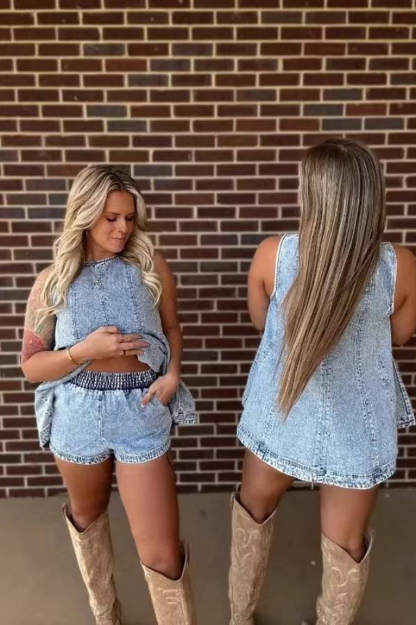 Conjunto de túnica vaquera sin mangas y short de cintura elástica