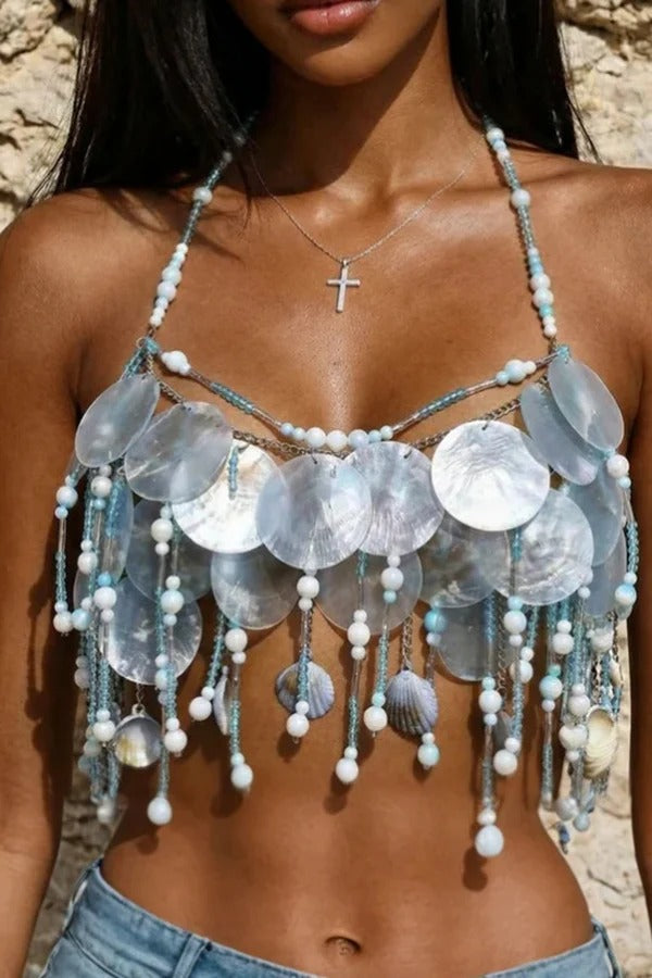 Top joya de lentejuelas con cadenas y borlas