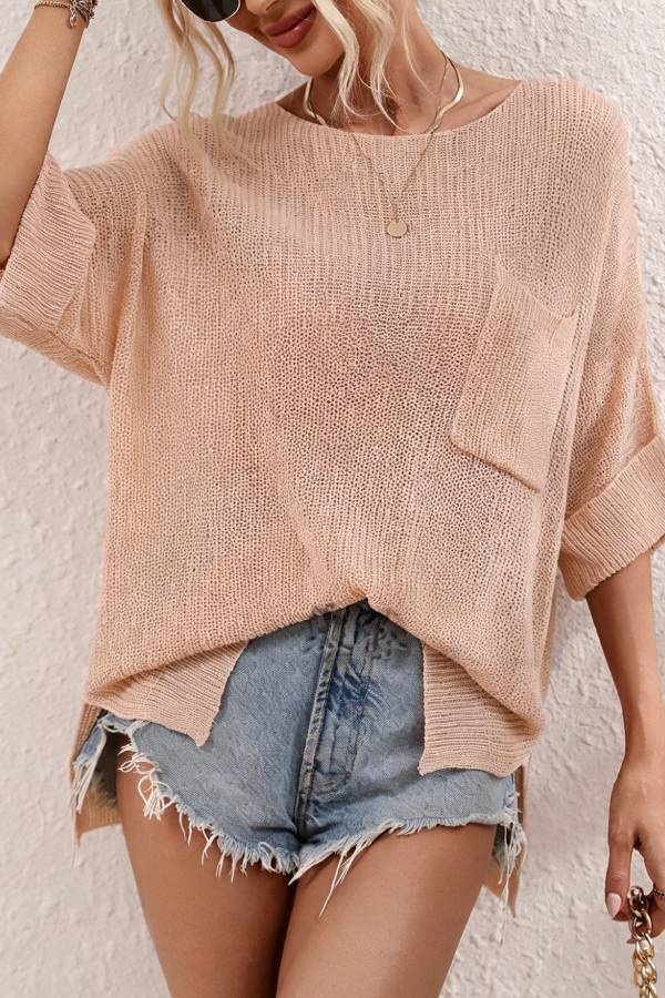 Top de punto calado con cuello redondo y manga tres cuartos