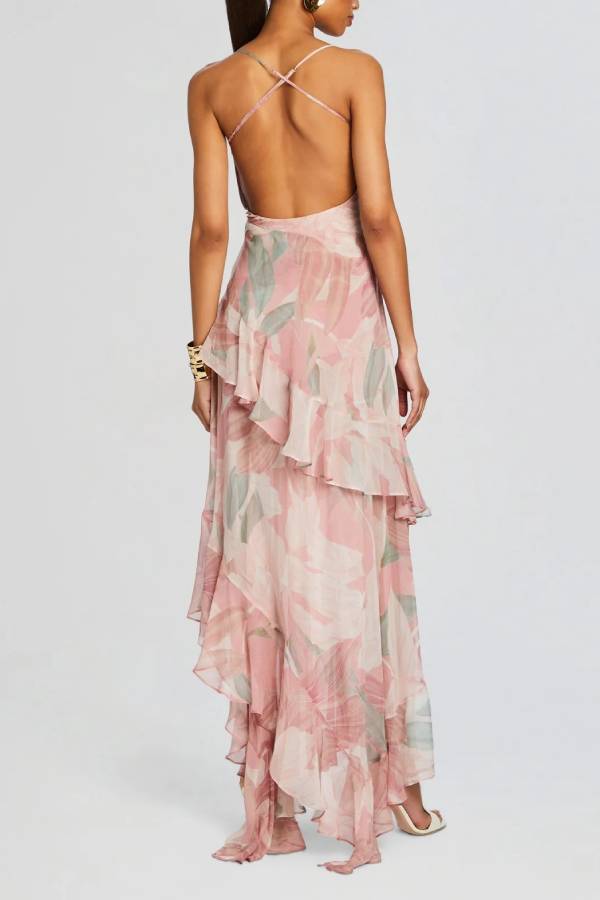 Vestido largo de flores con tirantes finos, espalda descubierta y volante asimétrico