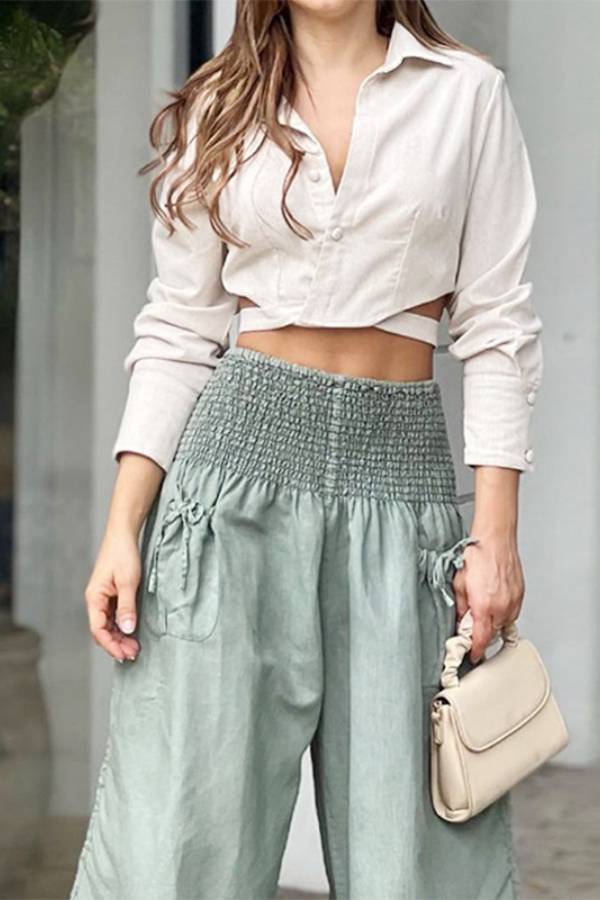 Pantalón capri de tencel de pierna ancha con talle alto