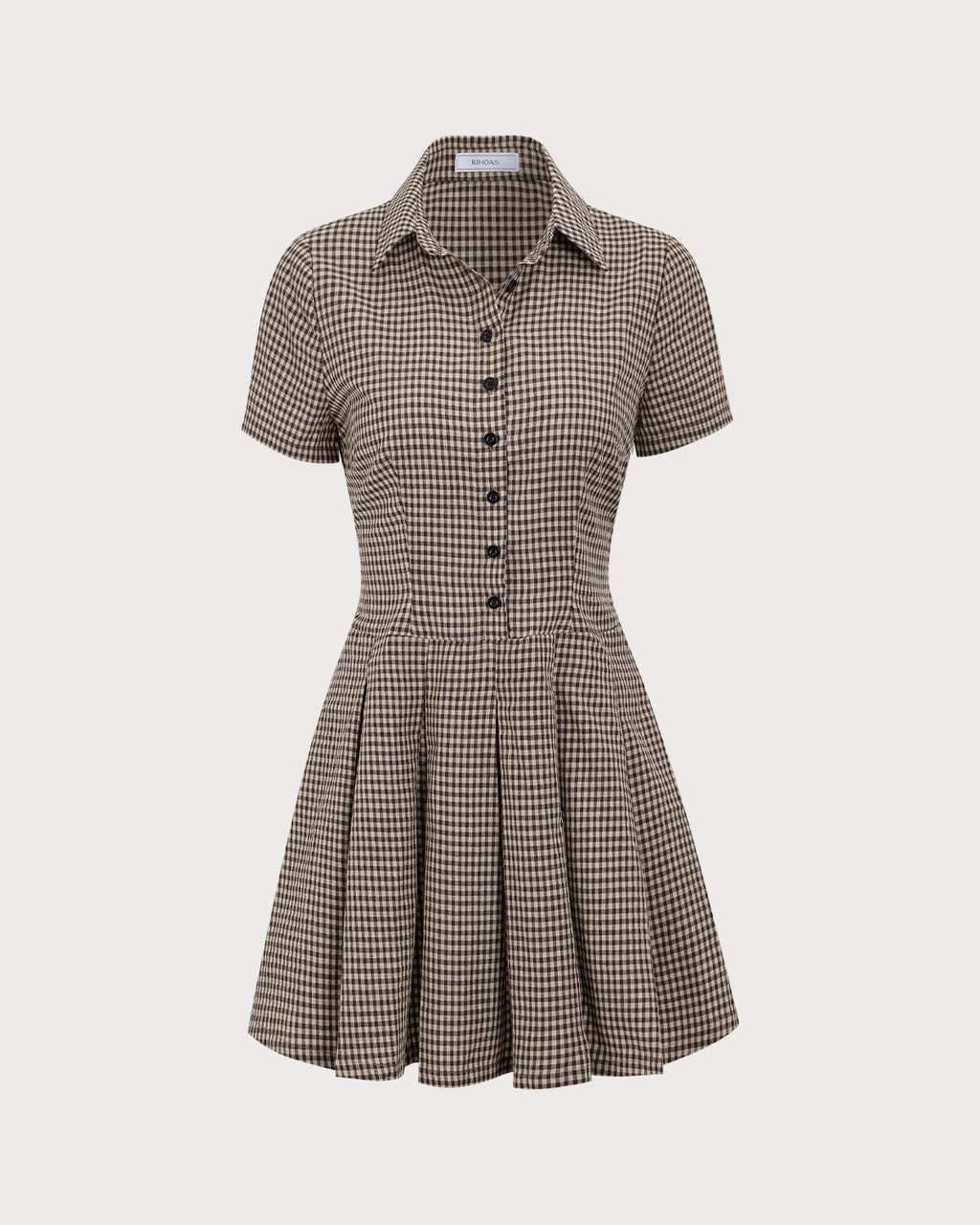 Vestido corto marrón de cuadros con solapa y tablas