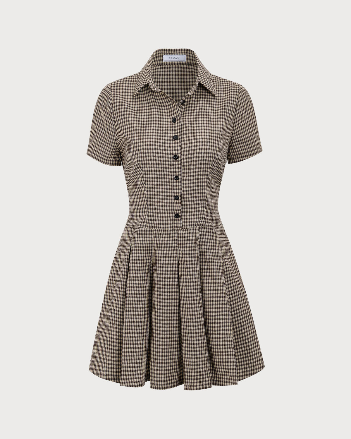 Vestido corto marrón de cuadros con solapa y tablas